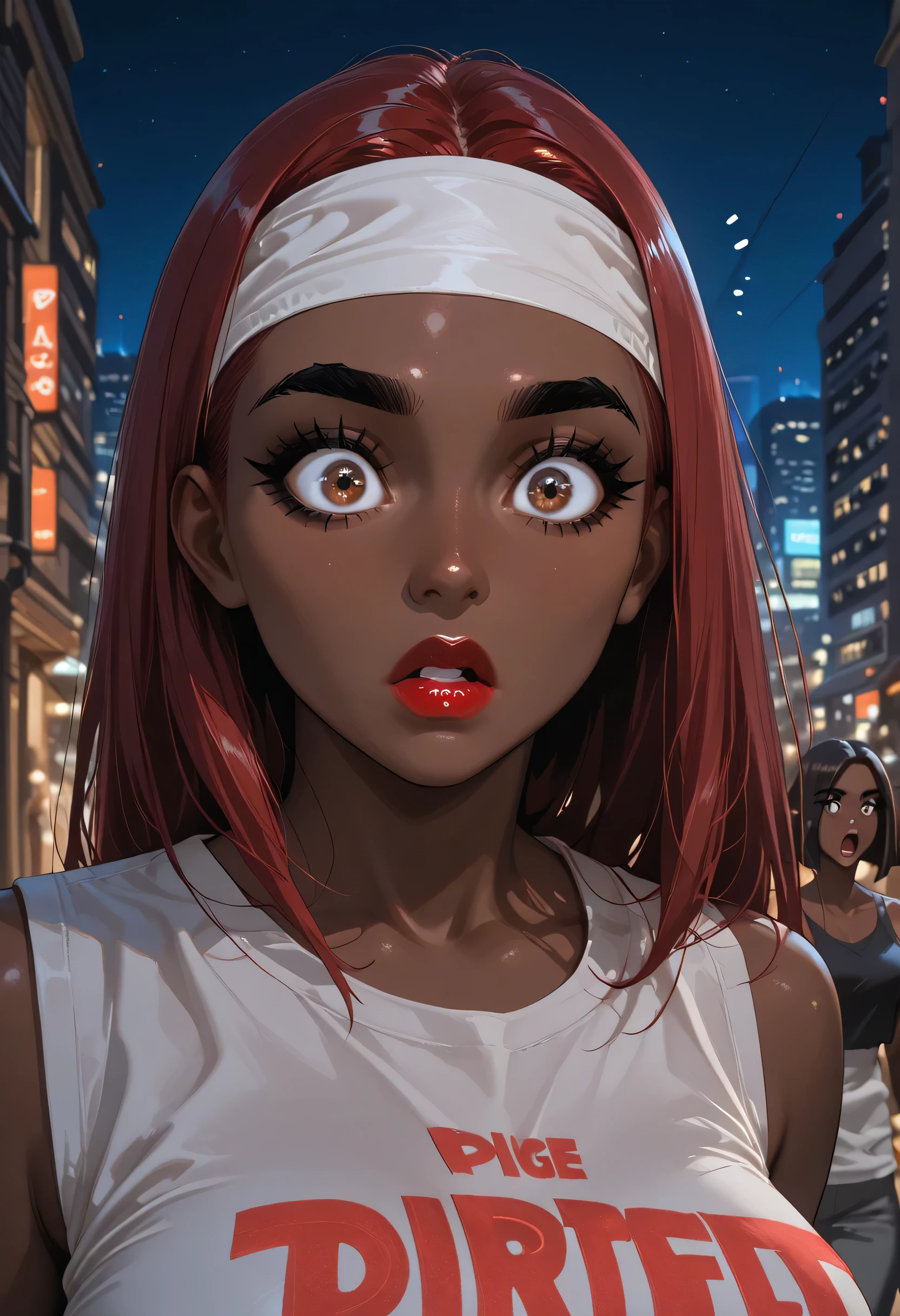 night sky, city street, (female african, colored skin, brown skin), perfect face, straight hair, red hair, white headband, black eyebrows, thick eyebrows, black eyelashes, black eyeliners, big eyes, light brown eyes, bright red lips, thick lips, (surprised), beautiful woman, white tank top