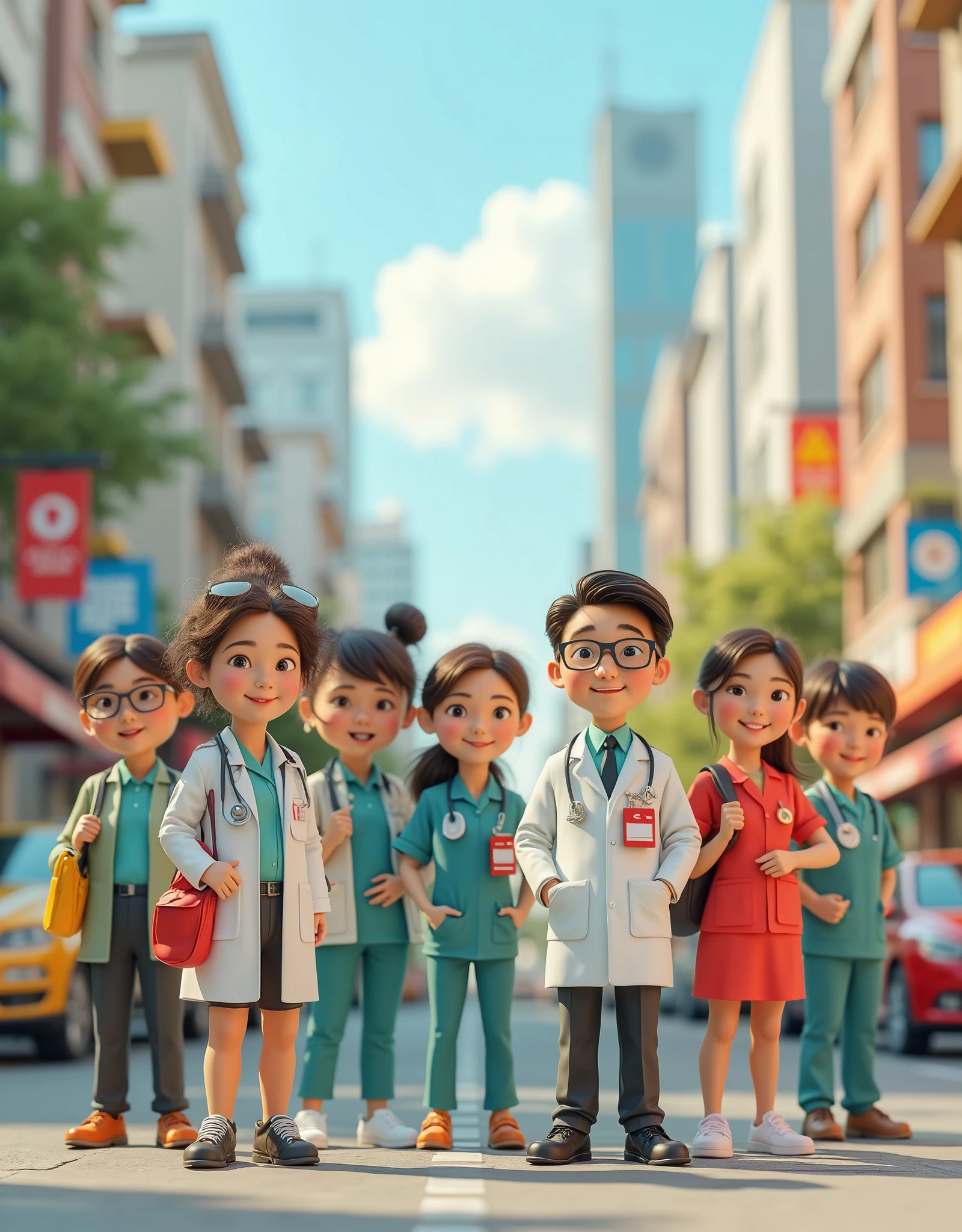 "Cute realistic 3D cartoons" Doctors, flight attendants, nurses, drivers, office workers, teachers, engineers and many other professions stand in cool poses and smile happily in the big city, wide angle, sharp image, f.11 lens.