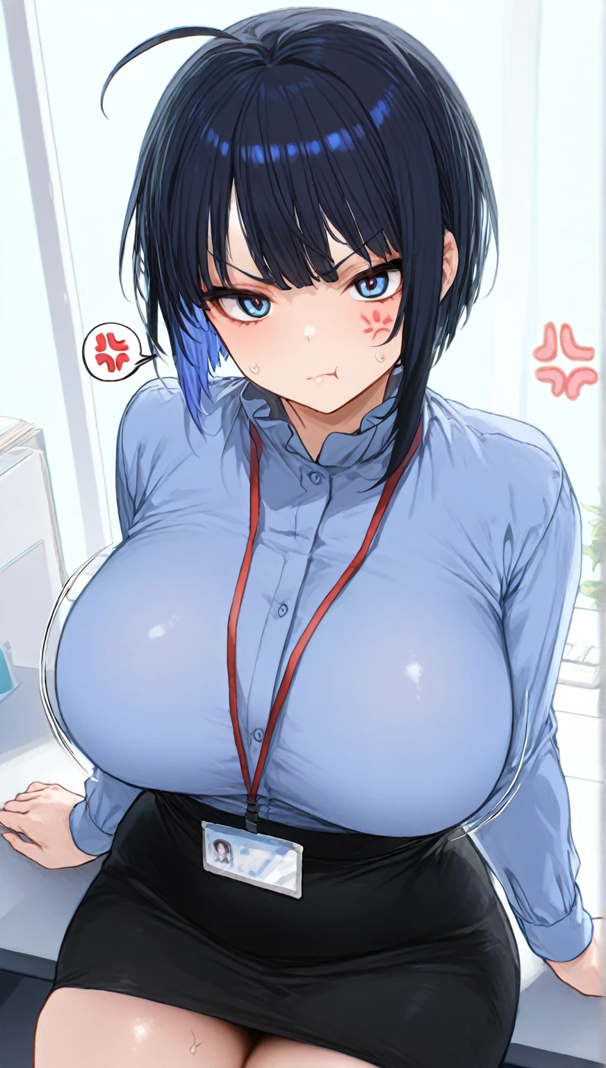 score_9, score_8_up, score_7_up, score_6_up, score_5_up, score_4_up, BREAK 1girl, light blue tentacle hair, long bob cut hair, blue skin, no irises, thick lips, long eyelashes, confused expression, sitting in a chair, blunt bangs, adult, BREAK solo, large breasts, adult, skinny, arched back, thigh gap, wearing office outfit, BREAK (office background:1.2), simple background, innocent, lovely, adorable, dynamic pose, big tits, nude tits