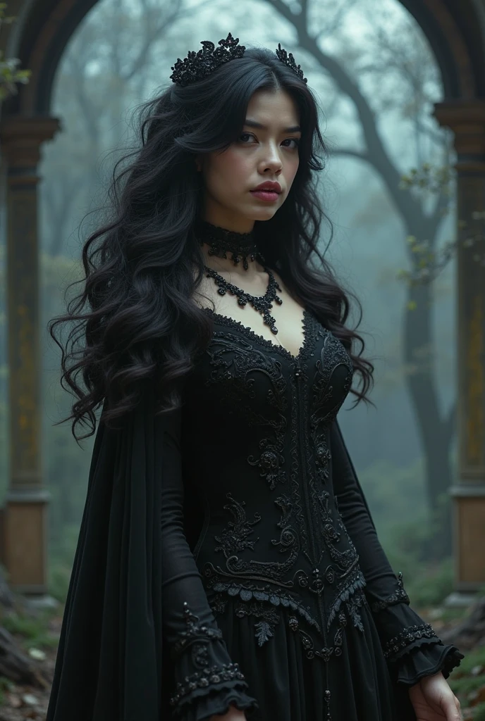 professional photo of Mila Kunis, space buns hair, perfect eyes, wearing bulky upper body clothing,  silk,   raglan sleeves, asymmetrical hemline, natural waist, asymmetric hem,,beads,,lace-up back,,front pockets, tailored lower body clothing, neural-linked nanomaterial,   regular fit, empire waist, cross-back,,train,,paneling, gorgeous smile,  haunted forest lunar crater,pass, costume makeup, low lighting, moody, large depth of field, deep depth of field, highly detailed, three quarter shot