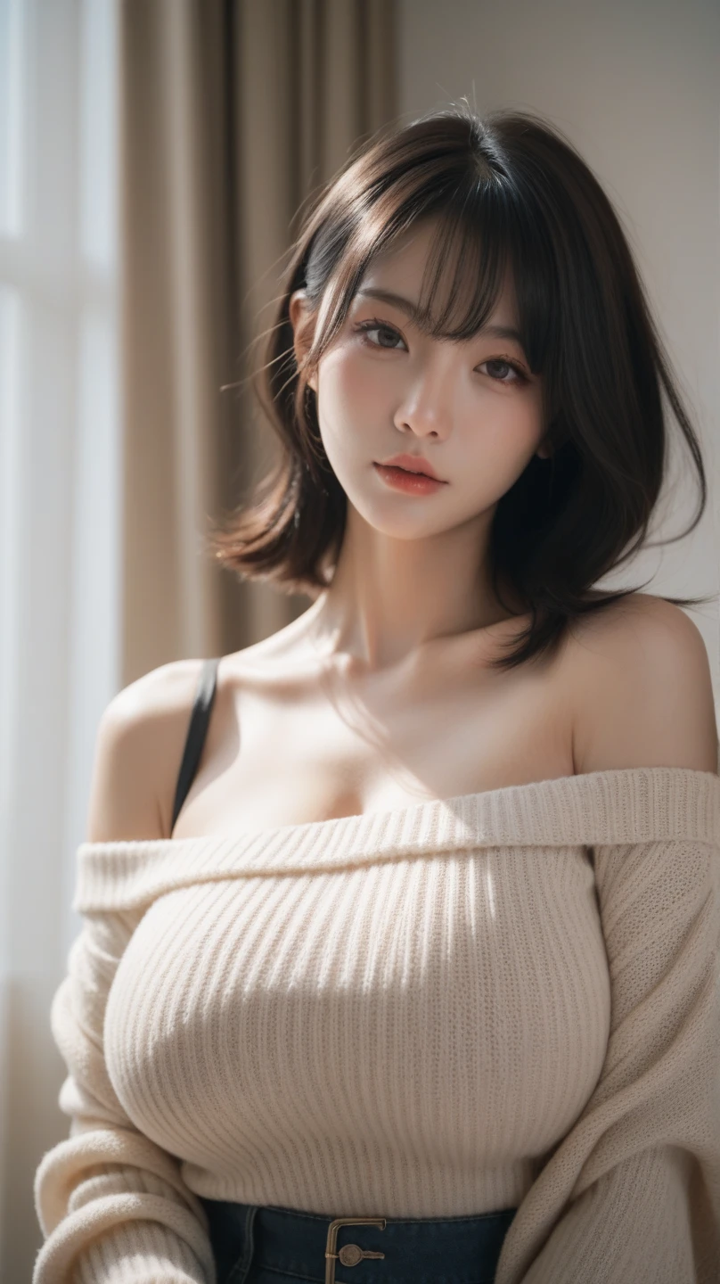 randome pose、mix4、(8K、Raw photography、top-quality、​masterpiece:1.45)、(realisitic、Photorealsitic:1.37)、one girls、15yo student、cute little、Cityscape、natta、Sateen、Wetty、profetional lighting、photon maping、Radio City、physically-based renderingt、Gradient black hair、medium curly hair、a handsome、girl with、Embarrassed look(((large white knit off shoulder)))、thin-waist、pale-skinned、top quality photo、hight resolution、1080p、(clearface)、(Detailed face description)、(Detailed hand description)、 (​masterpiece), (Exquisite CG), extreme light and shadows, dishevled hair, ​masterpiece, lush detail, (Fine facial features), (Highest Quality Photos), (​masterpiece), (finely eye), Look in front of you, Fine clavicle, (Colossal tits:1.47),