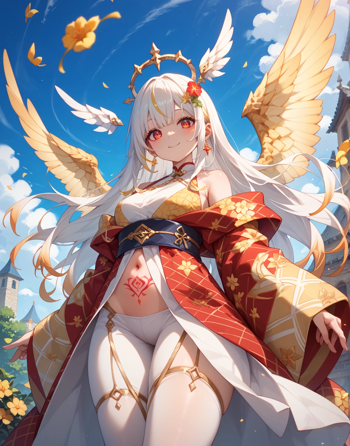 Convenience store clerk covered in a wide variety of fruit parfaits offering a wide variety of flowers、amazing dynamism、amazing angle、unstable anti-gravity sandstorm、((Many friendly large and diverse birds float closely together and chase each other.))、((surround each other&#39;large and diverse molluscs))