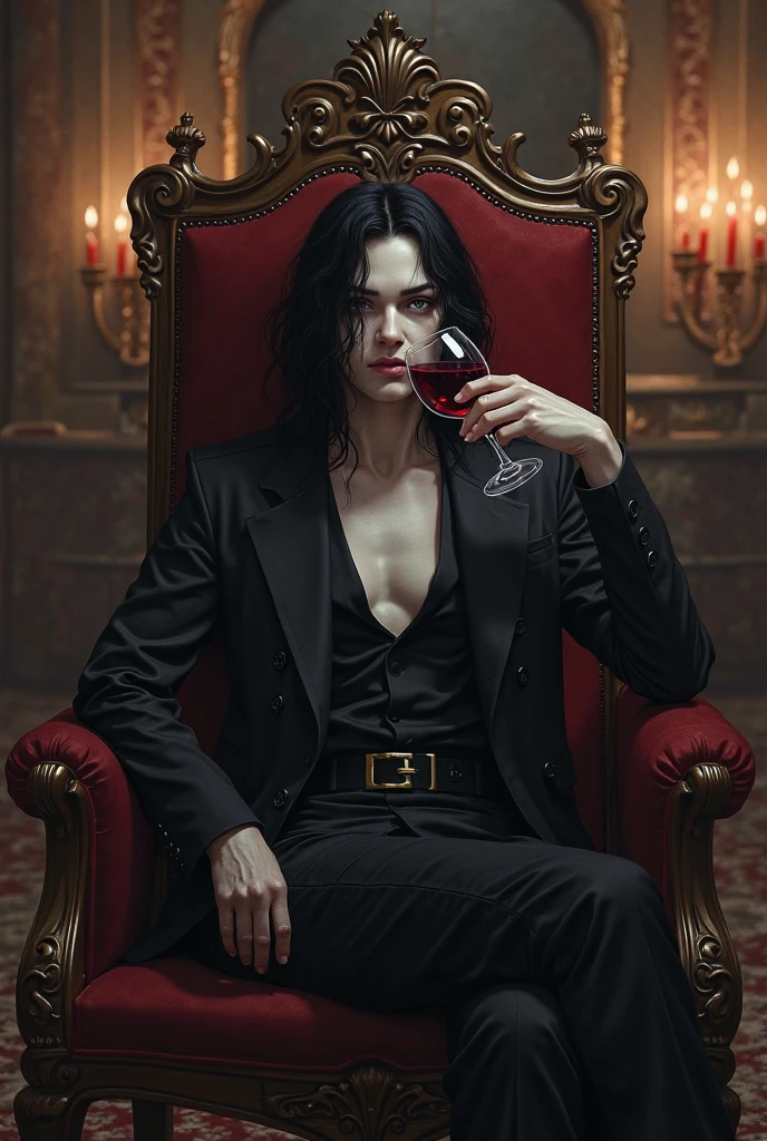 (masterpiece), best quality, expressive eyes, perfect face, handsome young vampire boy, black hair, red eyes, youthful, handsome, sitting in a chair, holding a chalice filled with blood, blood smeared on his lips