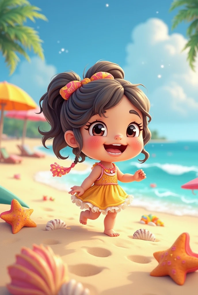 Create an image of a girl with two pink bows on her head at the beach , more child with tied hair