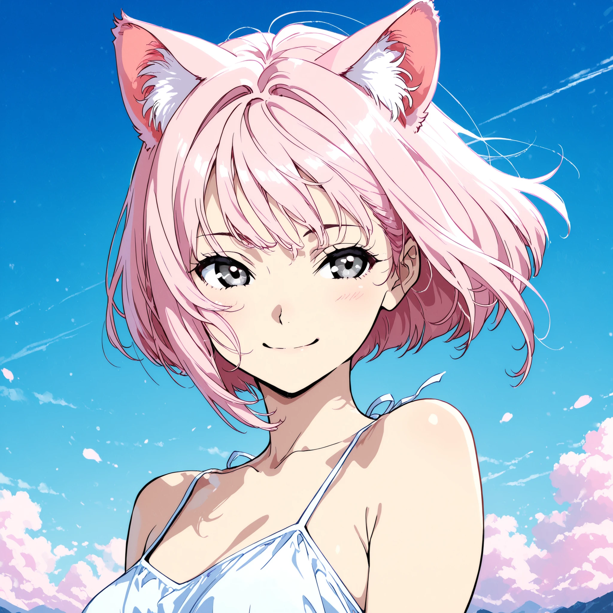 dynamic pose, half body, half profile, masterpiece, high quality, pale pink hair girl, bob tidy hair, pale pink cat ears, bluish gray eyes, anime style, adult face, cute, smiling, sky background, dress