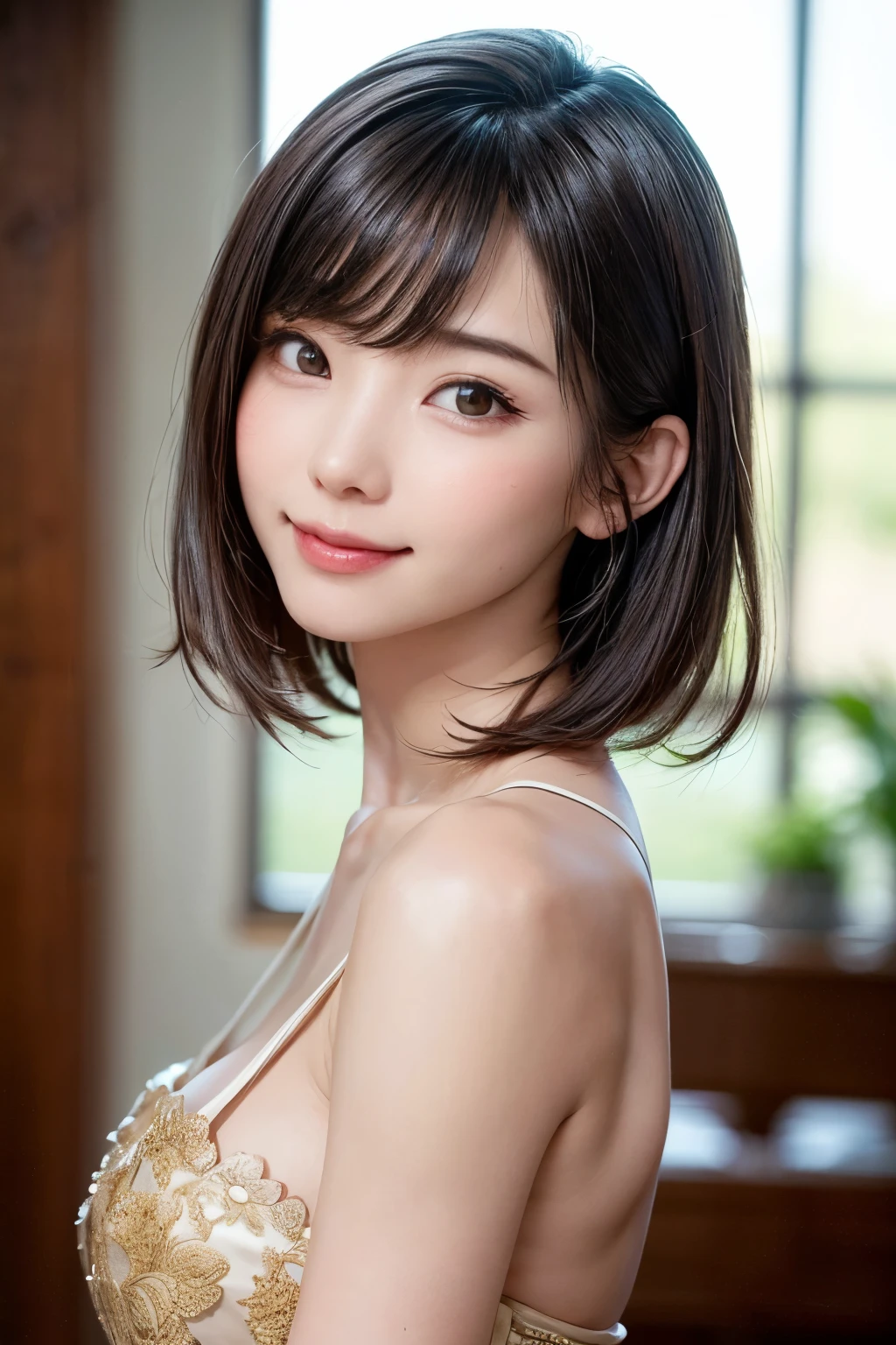(Very cute 20 year old young woman from Japan), ((delicate hair between brown and blonde)), ((messy side wave short hair)),(((Slender and slender body type))),medium bust size、small tits、 (((Clean hands))),(Curly hair),(((Very sweet smile))), (((she wears black lace panties))),(((she is wearing a black knitted dress))) ((of the highest quality, 16 K, masutepiece: 1.3)), Light on Face, hyperdetailed face, very detailed lips, Detailed eyes,