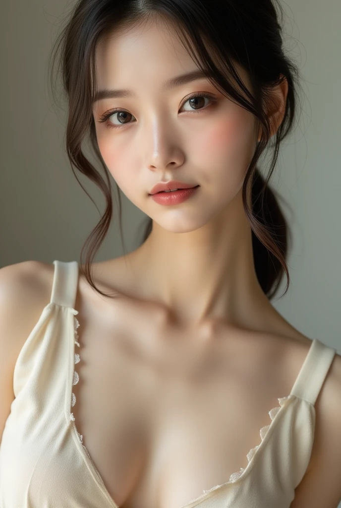 ((Best picture quality, 8K, tmasterpiece:1.3)), 1girll, Beautiful woman with slender abs:1.3, (Casual hairstyle, :1.2), Pink low-cut bra,Super large,The skin is very white,Ultra-fine face, A detailed eye, 二重まぶた,ssmile。Take pictures in cute poses,The figure is very bad,tiny small waist,Super big breasts,Close-up,Close-up chest,White-skinned,The background is casual,Close-up Shot Shot