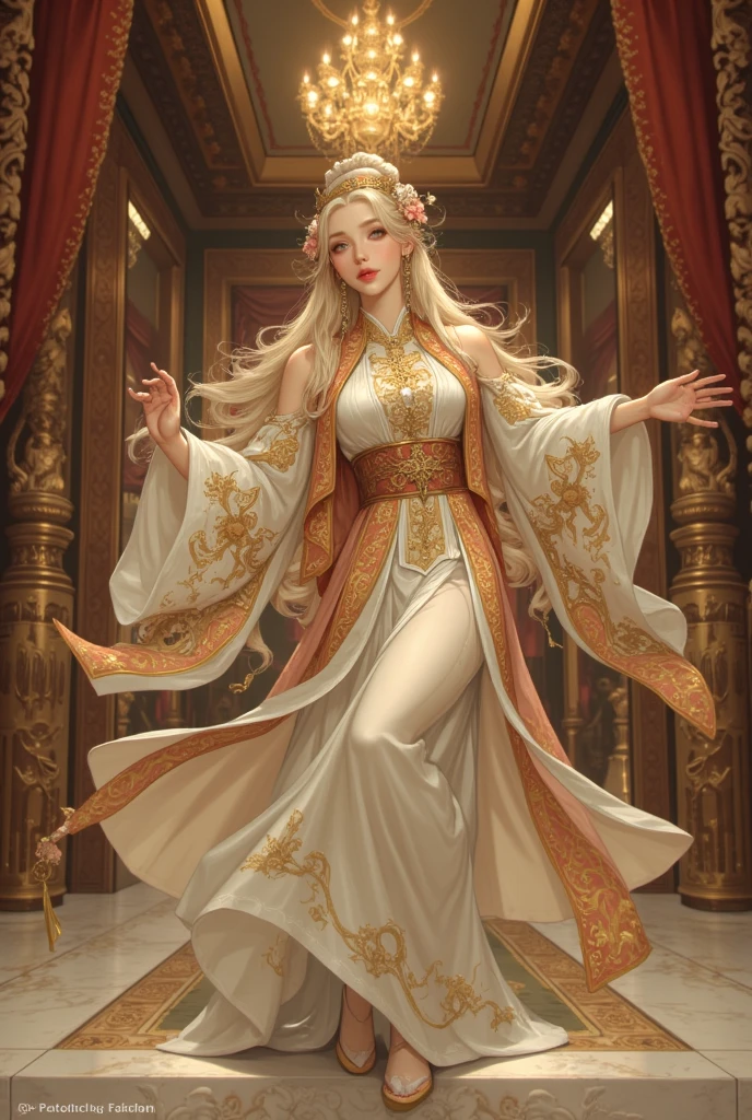 masterpiece, absurdres, yamato, 1girl, solo, smiling, mature female, wearing indian saree, saree,  looking at viewelling petals), perfect composition, detailed lips, big breast, beautiful face, body proportion, blush, (pink lips), white hair, opened hair, soft gaze, super realistic, detailed, photoshoot, realistic face and body, full body picture, 16k, at a flower garden, horns on the head, high heels