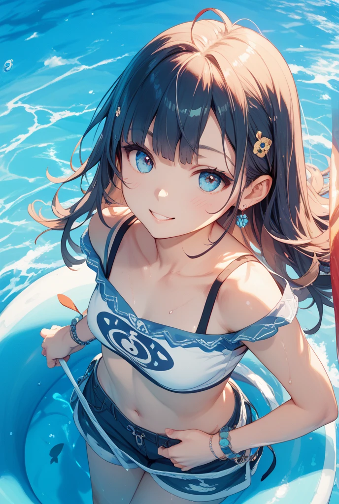 (Masterpiece, top quality, super detailed CG, ultra detailed beautiful face and eyes,super detailed, intricate details:1.2), 8k wallpapers, elaborate features,
(1 person, solo:1.4)perfect cartoon illustration,(1 person, solo:1.4),
1 girl, night pool, swimwear, full body illustration