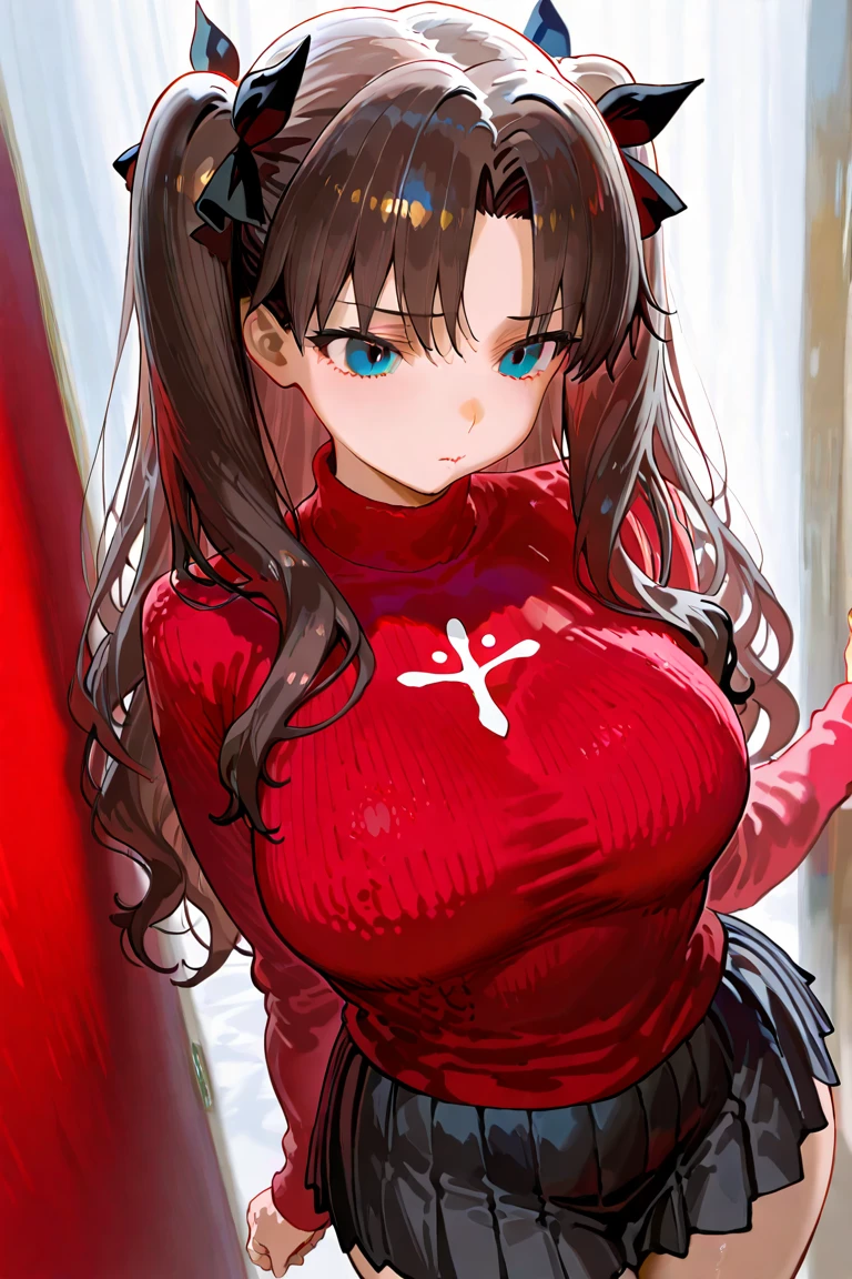 red eyes, A  girl, Holding a Sword, Yellow-green striped shirt with thicker stripes, red-eyes, glowing red, tilt of head, mushroom head with short brown hair, With a clear smile on his face, Chara, two-dimensional, standing among golden flowers with a beam of light above your head