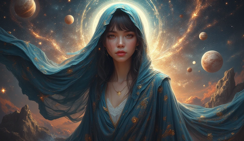 (work of art, Maximum quality, best qualityer, offcial art, beautiful and aesthetic:1.2), (1 girl), extremely detailed  eyes, (Fractal Art:1.3), colorfully, More Detailed, (face perfect), shining skin, HDR, (white cloak golden lines:1.2), Galaxy, (light stripes), stunning visuals, (dynamic stripes, luminous trails:1.2), swirly vibrant colors, (Phoenix), (Dragon)