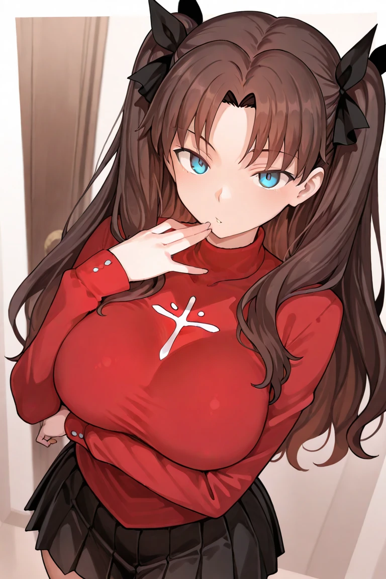 power,(A white border around a red rectangular background:2.5),head looking up,Back view,Expose the back,ahegao face,C cup,whitesweater,High detail,Moles under eyes, Heart-shaped pupils,Love pupils,cropped shoulders,Lots of hearts,Fleshy thighs,highly rendered,detailed face with