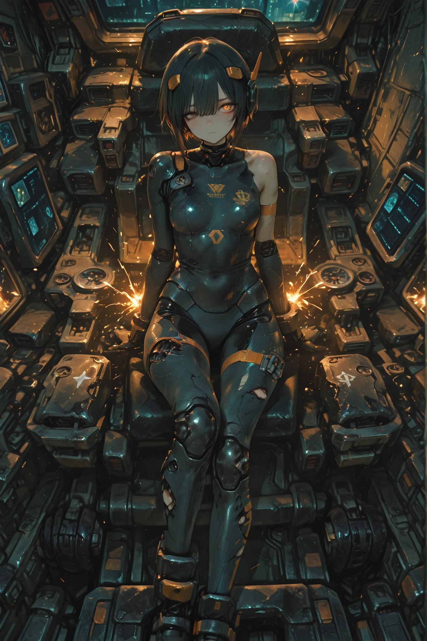 robot with damaged left shoulder、That pilot girl, One eye is also damaged、sparks are scattered in the cockpit、somehow crawls out of the cockpit、full body
