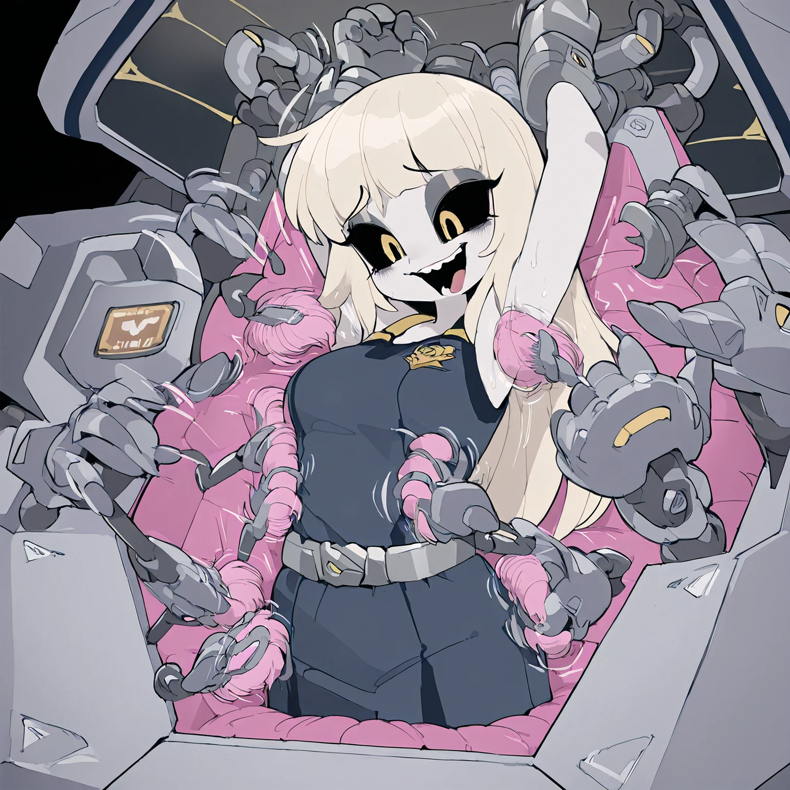 Futuristic athlete woman, very tall girl, adult body, milf, alien babe, pale skin, thicc, space navy uniform, spaceship setting, scifi workout uniform, Beautiful face , long platinum blonde hair, sexy face, black sclera eyes, In her late 30's. (Restrained inside the "automated tickling device"), bristled brushes touch her all over. She is inside a large machine. Eyeshadow, sultry eyes. restrained by metal straps and padding, arms restrained above her head, armpits shown, her body immobilized by straps and padding. (Tickled by mechanical hands), (robotic hands touch her body, tickling her feet) (Laughing in pleasure), tickled silly, automated tickling.