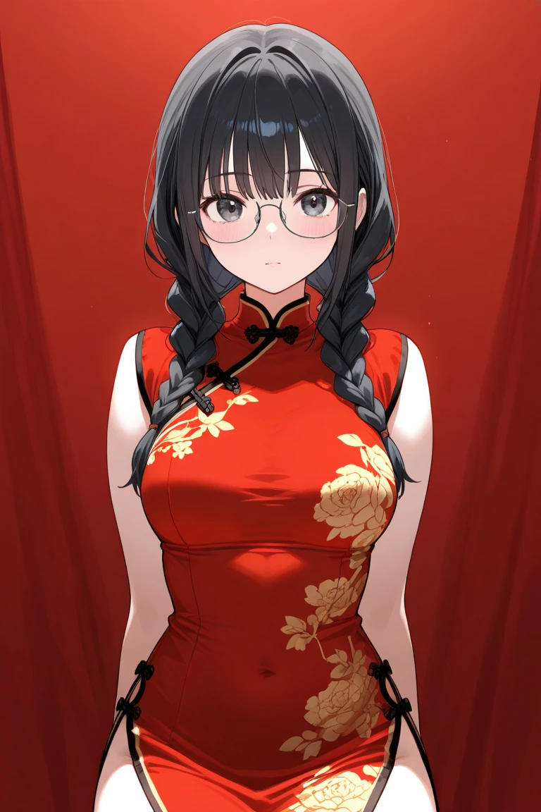 A closeup of a woman in a red dress with glasses, Ayami Kojima Amano, clivagem, Deayami Kojima, Yoshitomo Nara, Asuka, vestindo um cheongsam vermelho, usando um vestido vermelho, Chiho, Causas Yasumoto, Oppai, Seu peito, big boobs