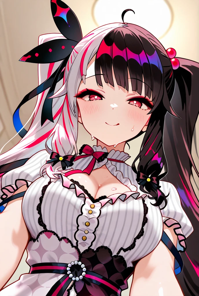 best quality, masterpiece, highres, solo, {kanzaki_ranko_idolmastercinderellagirls:1.15}, grey_hair, red_eyes, long_hair, twintails, drill_hair, twin_drills, smile, ribbon, blush, hair_ribbon, breasts, 1girl, flower, hair_flower, hair_ornament, looking_at_viewer, open_mouth, :d, nail_polish, rose