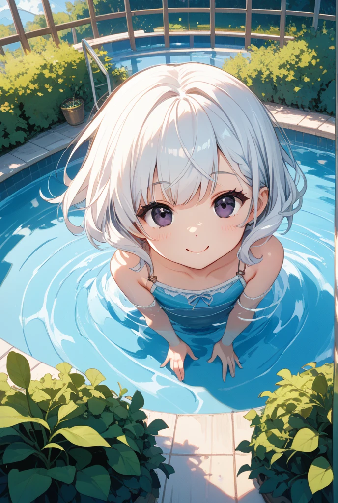 Yo Watanabe is lying on a deck chair by the pool and relaxing in a swimsuit. A refreshing wind from the pool blows through around her, and the sunlight gently illuminates her skin. Her expression looks calm and happy, and she is lying comfortably.