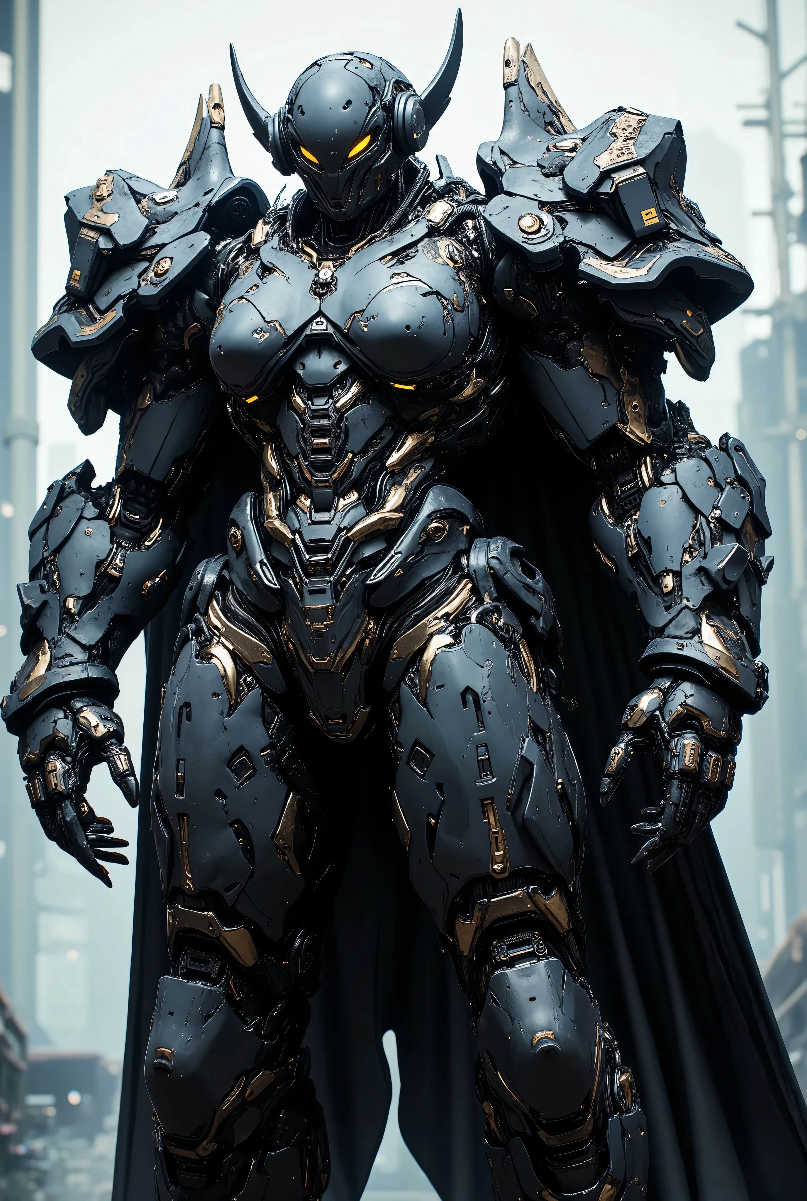 Masterpiece, best quality, tall, carapace, shell helmet over eyes, extra eyes, horn, antennae, fangs mask, cyberpunk headphones, big breast, shell state, shell armor, white armor, full body armor, cape, closed wings, Platinum accents, yellow eyes, black sclera, ripped armor, full body, front view, mechanical body, electric, damaged, Renamon's