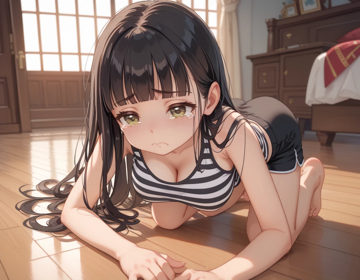 masterpiece,ultra-detailed,best quality,petite, twister-game,shiny skin,wavy mouth,open mouth, girl,black ponytail,all fours,blush,sweat, lkp, breasts, loose white tanktop, miniskirt <lora:add_detail:1.2> <lora:lyp v1:0.8> <lora:twister:0.9>