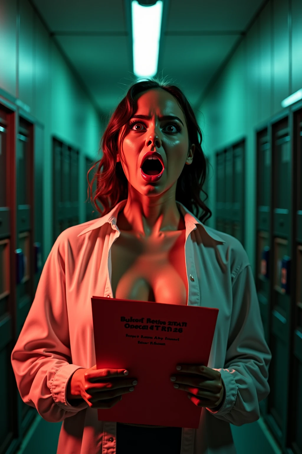 A sexy emo girl screaming in front of a classroom. A blackboard behind her says "Gender Studies" written in chalk. Holding her tits in her hands. She os surrounded a pink magical aura