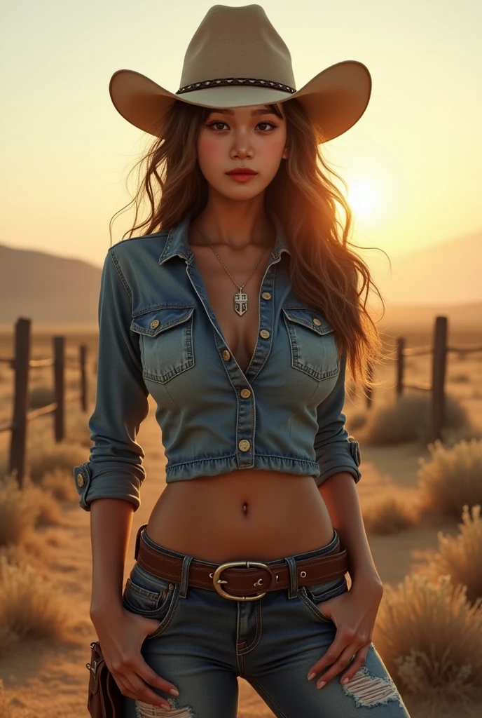 (((UHD))), (((masterpiece))), (((8k))), (((highres))), (((Surrealism))), (((cinematic lighting))), god rays, zoom layer, 1girl, (((cowboy shot))), f/4.0, Canon, The beautiful yet ephemeral cowgirl , 18yo girl, beautiful face, shiny skin, holds a gun in her hand, aiming it at the enemy, and fires the weapon, in the vast desert wilderness, (with the sun setting in the western sky), (dust dances in the air), detailed skin,detailed face,detailed eyes , wavy brown long hair, Bare chest, No Top, Topless, show off nipples, small nipples, A vintage leather jacket drapes over her shoulders, vintage denim jeans, weathered leather belt, with a revolver holstered on her belt, dirt-covered boots, leather gloves, silver rings, and stone earrings, an old ranch sign and the withered vegetation.
