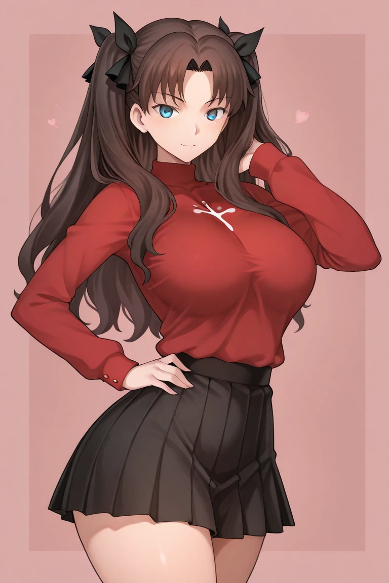 Black hair , big breasts red bra , unbuttoned green shirt , tight skirt , looks at us with a smile , front view , seductive anime woman