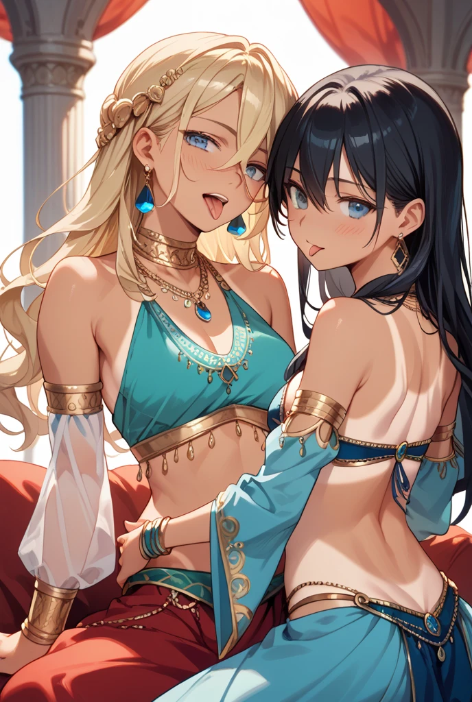 long hair, medium breast, cleavage, navel, slim legs, morgan fate, blonde hair, gown, blushing, skirt, standing, bedroom, arabian belly dancer