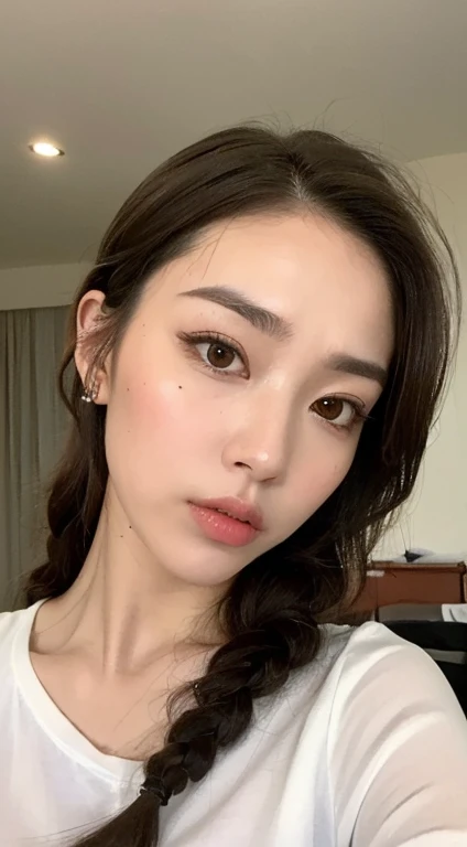 ((Highest quality, 8k, masterpiece: 1.3)), 1 female, Japanese Mature,Sensual beauty: 1.3, (Hair style Brown hair Medium wave, big: 1.2), Nightwear: 1.1, Super Slender Face, Delicate eyes, double eyelid, Dimples,Mole, Home,Plump body, Cleavage, very thick legs, Cowboys photographed from the air