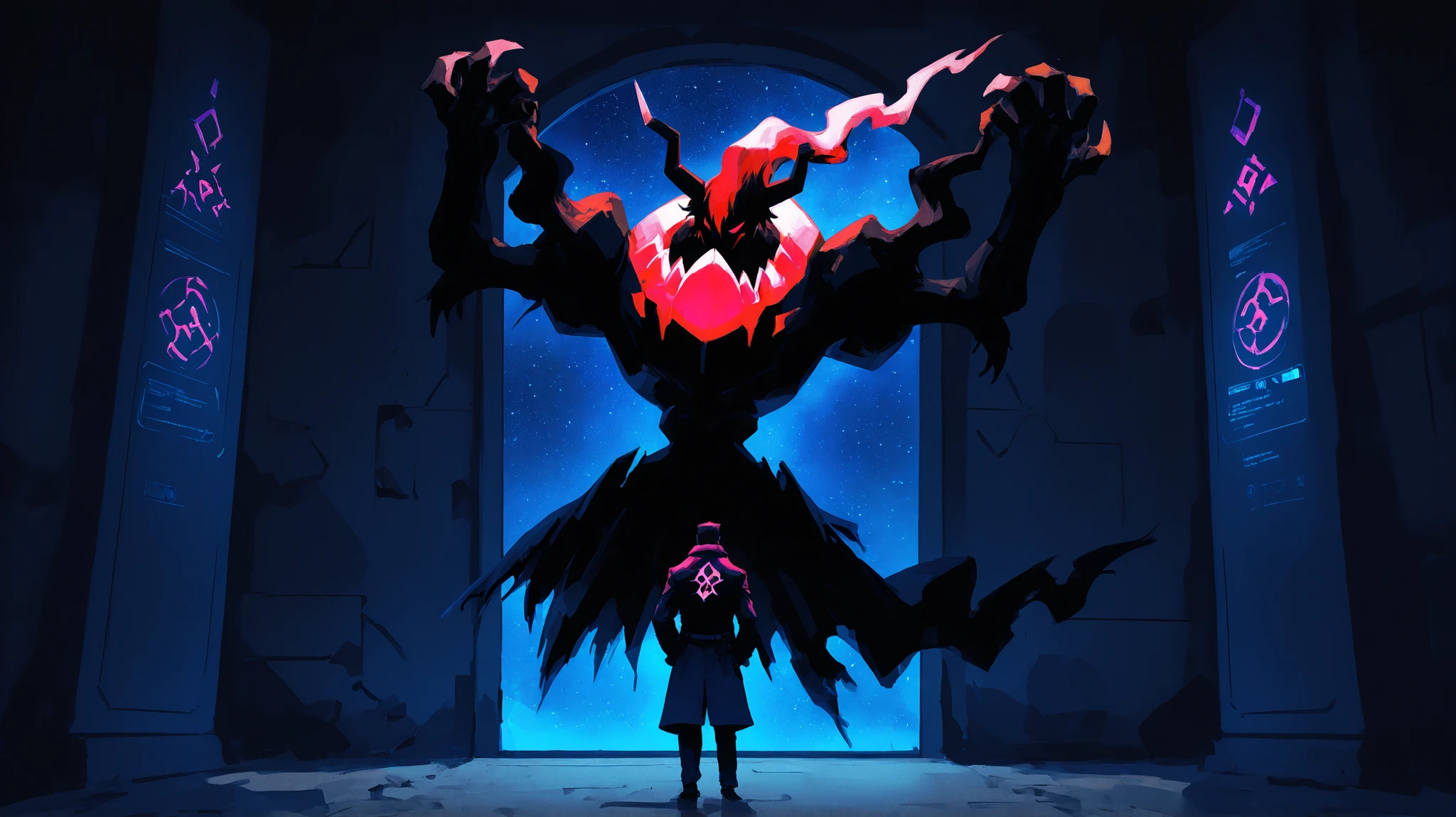 "An ancient stone labyrinth under a starry sky, with walls covered in glowing runes that pulsate like interdimensional circuits. In the center, a researcher wearing modern (trenchcoat attire and holographic device) observes a dimensional door that shows fragments of other worlds. Silhouettes of a cyborg Minotaur and mythological creatures mixed with Pokémon (such as a Darkrai-Minotaur or a Gengar-Spectral) lurking in the corridors. style: mix of classical Greek paint with cyberpunk touches, faint lighting of torches and purple neon."