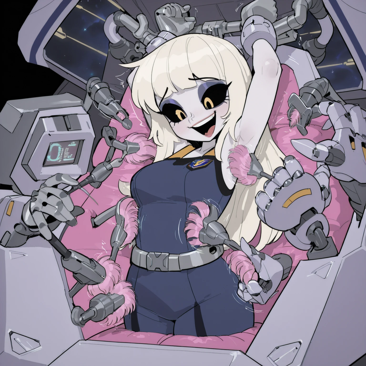 Futuristic athlete woman, very tall girl, adult body, milf, alien babe, pale skin, thicc, space navy uniform, spaceship setting, scifi workout uniform, Beautiful face , long platinum blonde hair, sexy face, black sclera eyes, In her late 30's. (Restrained inside the "automated tickling device"), bristled brushes touch her all over. She is inside a large machine. Eyeshadow, sultry eyes. restrained by metal straps and padding, arms restrained above her head, armpits shown, her body immobilized by straps and padding. (Tickled by mechanical hands), (robotic hands touch her body, tickling her feet) (Laughing in pleasure), tickled silly, automated tickling.