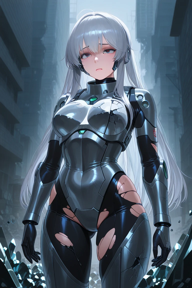  (beautiful girl:1.1), Beautiful face, looking at viewer, flat bangs, supermodel, stunning innocent symmetry face, (hand of Guido Daniele), perfect body, slim waist, slim legs, (high detailed skin:1.2), glowing eyes, natural skin texture, shiny skin, White skin, finely detailed face, golden ratio, golden ratio face, expressive eyes,  perfect skin, flawless face, clear face, shiny hair, perfect anatomy, luscious lips, glossy lips, natural makeup, beautiful bright pupils, intricate eyes, detailed pupils, detailed face and eyes, blush, good hand, perfect hands, pretty face, finely detailed skin, oily shiny skin, ((mecha, mechanical parts, super robot joints, robot joints, single mechanical arm, mechanical arms)),  ((intricate mechanical bodysuit, mecha bodysuit, full armor)), (ember, battlefield, ((volumetric fog, grey mist, smoke, explosion, apocalyptic, destroyed city background, buildings on fire:1.3)), (floating colorful sparkles:1.2), (energy beams:1.3), (highly detailed worn metal texture:1.3), (rust, dirt, dust, scratches, abrasions on the metal texture:1.2), science fiction, (Red hair, pink theme, pink livery, 