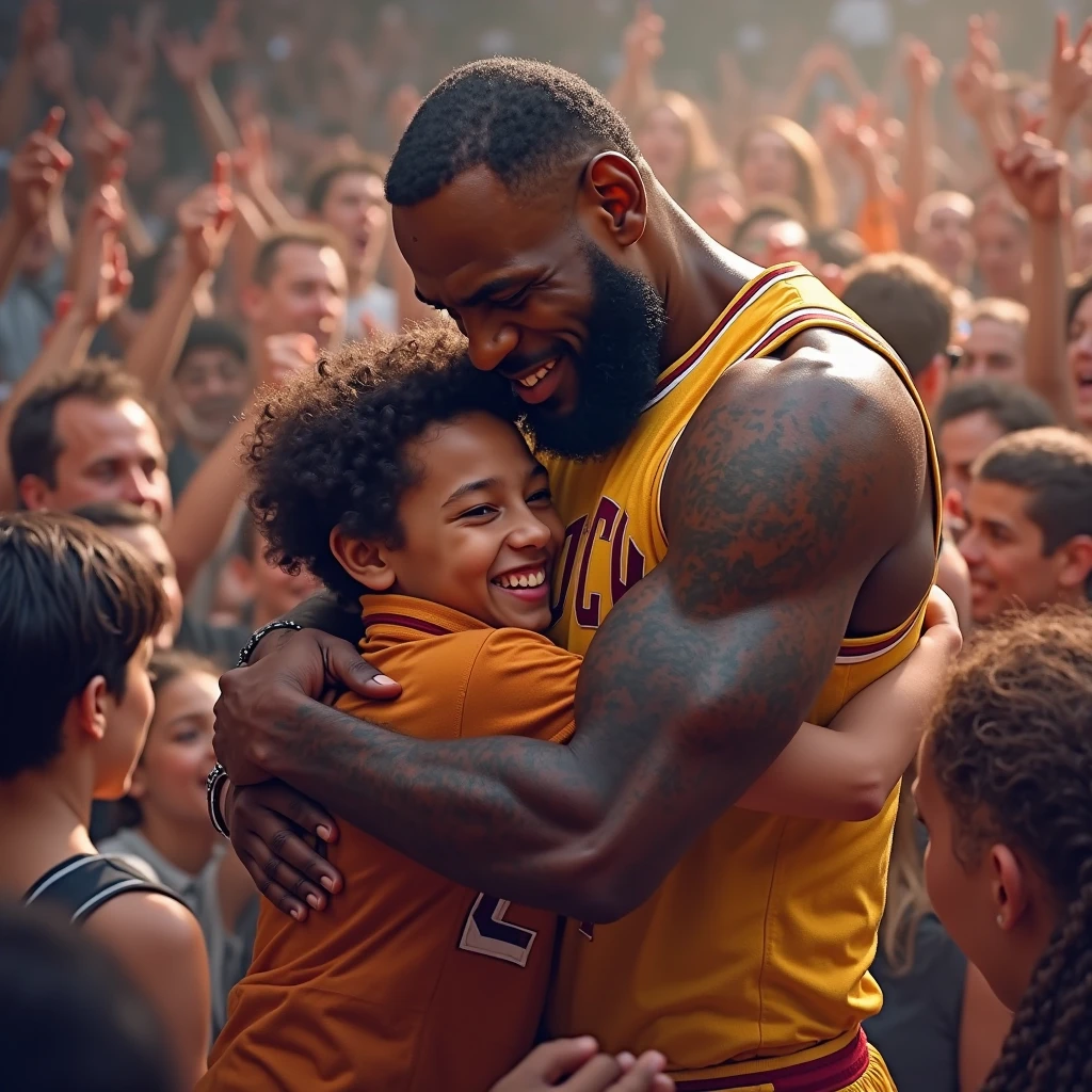 Make an animated image of a child meeting LeBron James