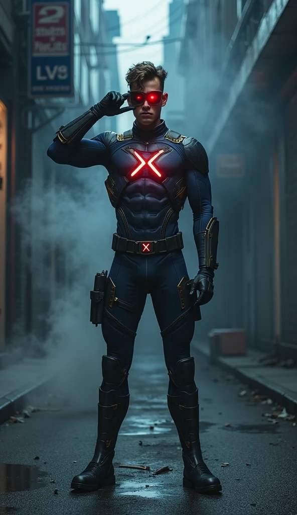 Cyclops, man, short brown hair, blue tactical suit with yellow accents, gold high tech visor glowing red, x logo, yellow ultility belt, gloves and boots,