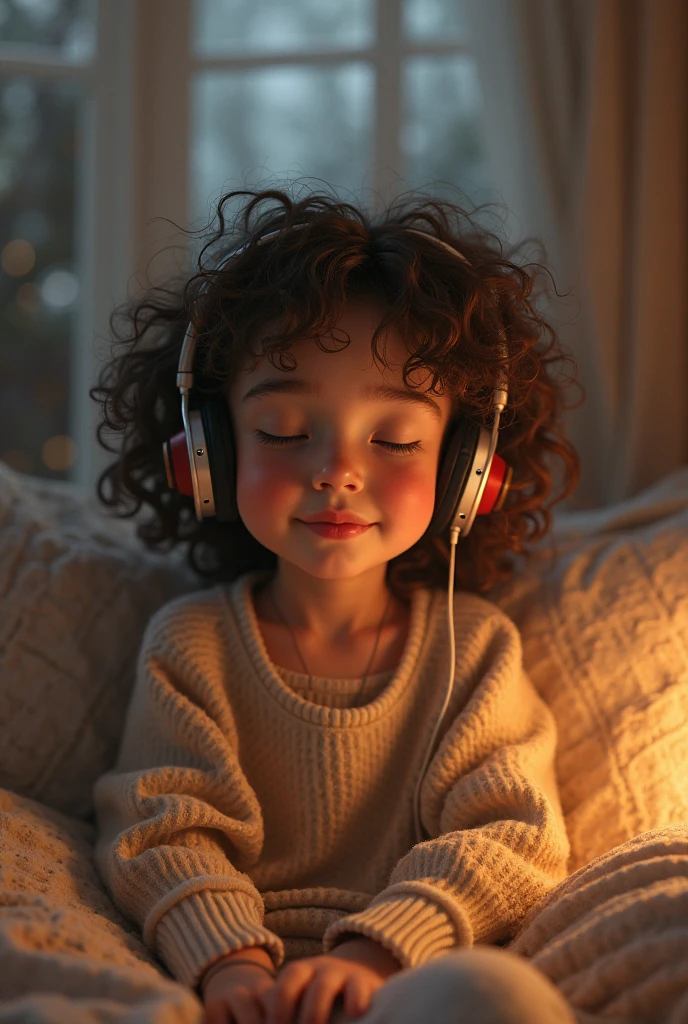 CHILD girl with long BLONDE hair wearing a YELLOW sweater and muffled black ears. AND CANDLES LIT.