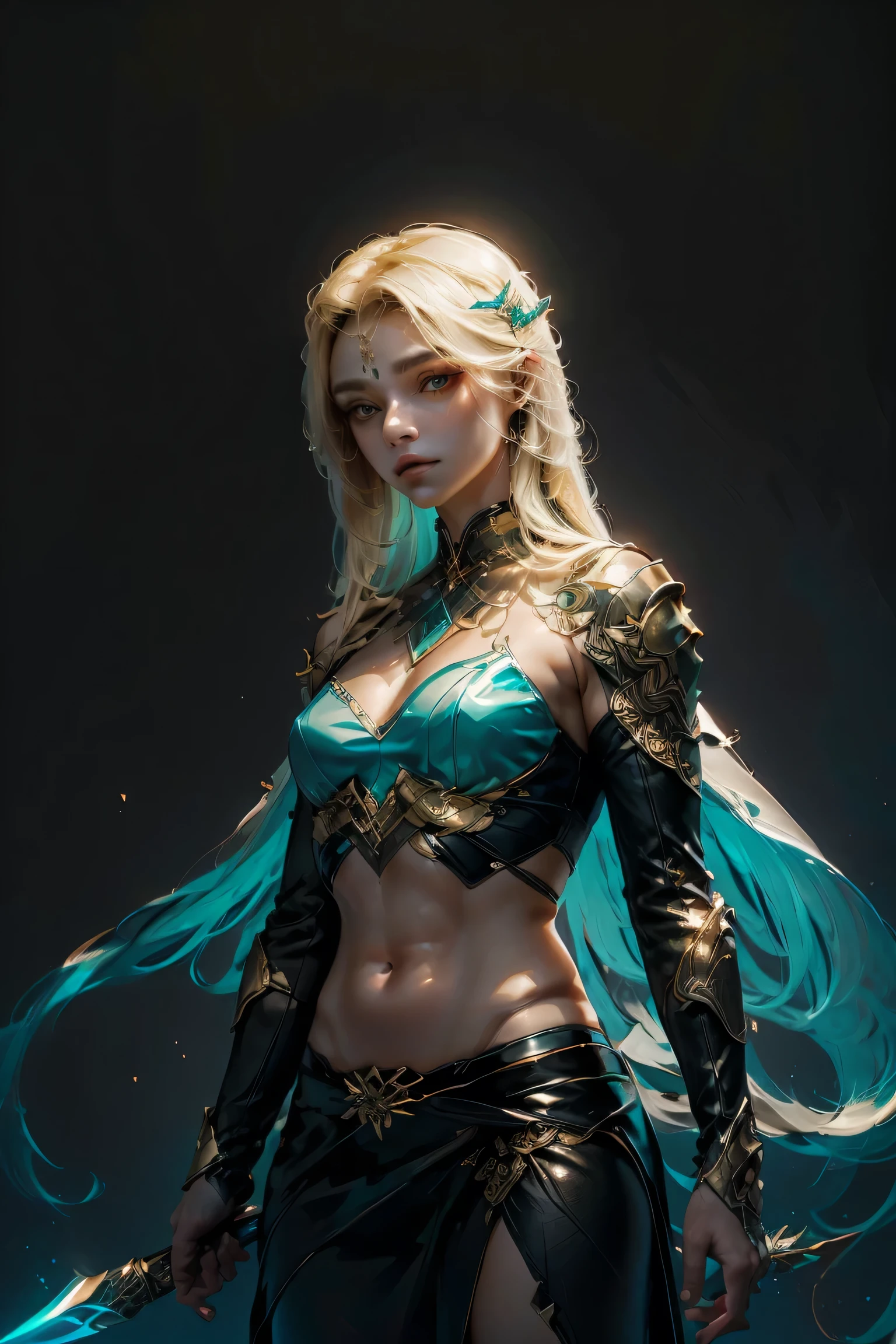 Futuristic spear design with luminous teal accents, intricate blade pattern, and a sleek metallic shaft. Dark background with subtle highlighting emphasizes the refined details and glowing elements, creating a striking, modern aesthetic. Artwork by YUHANOONE.