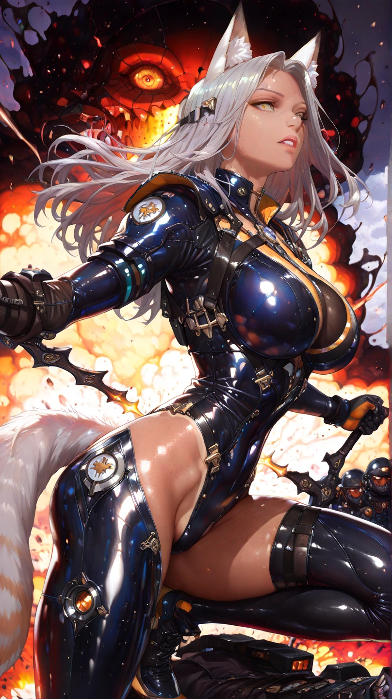 perfect hands, perfect finger,perfect anatomy, masterpiece, best quality,realistic, hyperrealistic, 16k hdr,1girl, large breasts,erected nipples,silver hair, braid,mobile trace suit, shoulder armor,bodysuit,fighting pose, upper body, cockpit,from above