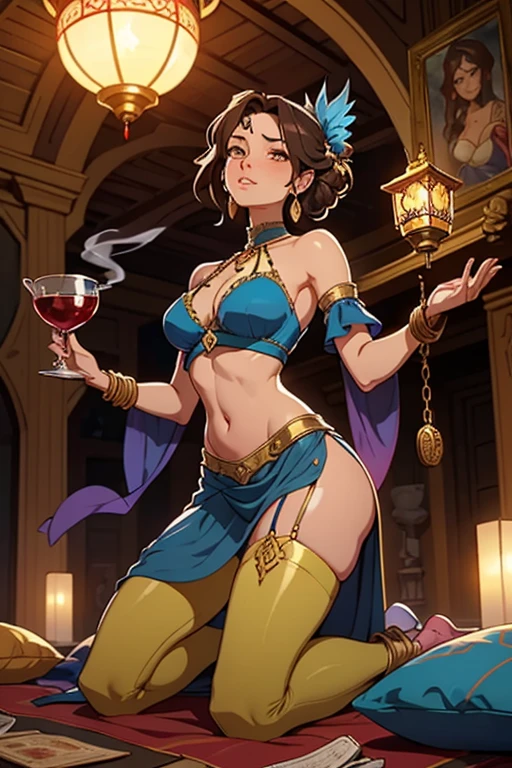 1girl, solo, full body, shot, indoors, tavern, primrose, jewelry, revealing clothes, exotic belly dancer outfit, naked, pole dance, abs, groin, v-line, ponytail, wide hips, slim waist , small breasts, thick thighs, round ass, bare feet , topless, wet, sweating, nsfw