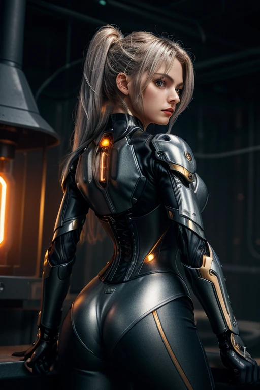 Elon Musk kisses humanoid android, (detailed hair), (standing: 1.4), (wearing a sophisticated gray designer dress, intimate, detailed: 1.3), (dark blue pants: 1.3), (back, ass: 1.4), (background inside dark, moody, private study, antique furniture: 1.2), (8k, uhd, dslr, high quality, cinematic lighting, bokeh), (dramatic, award-winning photography, amazing masterpiece, color rating: 1.3) --auto --s2