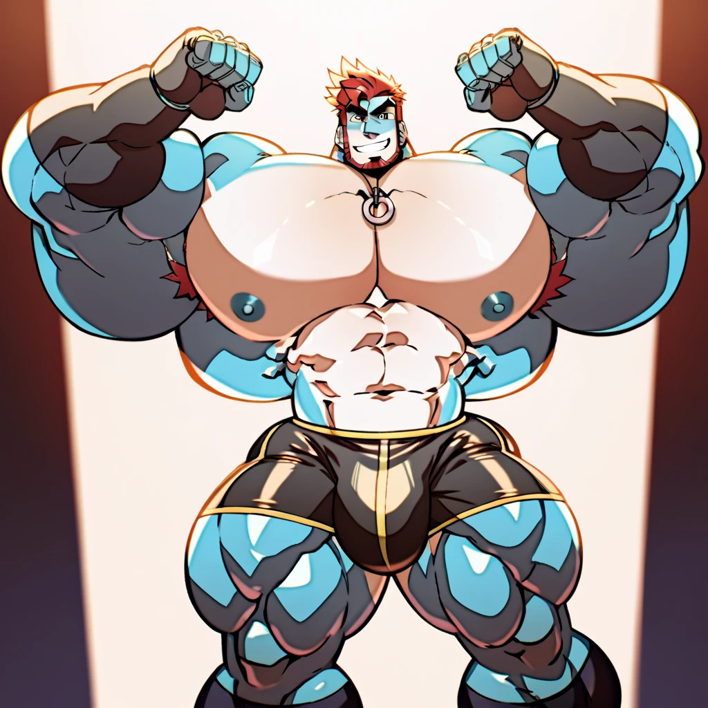 Glamrock overly muscular adult Freddy wears a black jockstrap singing with a microphone on a stage with a confident sexy and flirtatious look