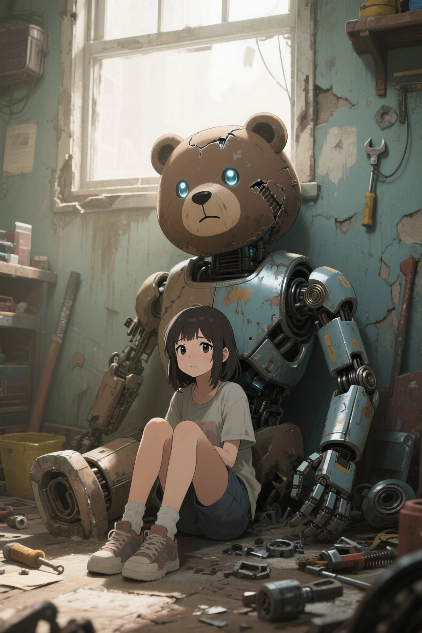 壁に寄りかかり座り込む腕のないBrokenクマロボット、The standing in front of it is standing in front of the bear robot holding the robot's arms, wiring and mechanical parts are exposed from the shoulder、One arm is missing、adds broken details,The girl stands in front of the robot and lifts the arm parts that have come off the bear robot with both hands(Broken)the girl looks at the robot,the shape of making eye contact with the robot,a broken bear robot with no arms leaning against a wall,the one ear is slightly missing,Broken印象のディテールを加える,the girl is petite and 〜About,The bear robot has a rounded form with metal seams and scratches,the bear robot sits against the wall,the light source is soft natural light from the window、expresses serenity like dust,The background is ruins and old room walls with robot parts and tools scattered on the floor,the bear robot's face is sad,eyes are shining,Art Station Contest Winner,conceptual art,Aesthetics of Anime Mecha, Mecha Art, mechanical aesthetics ,Bastion game , indie game concept art,video game concept art,Ultra High Definition,
