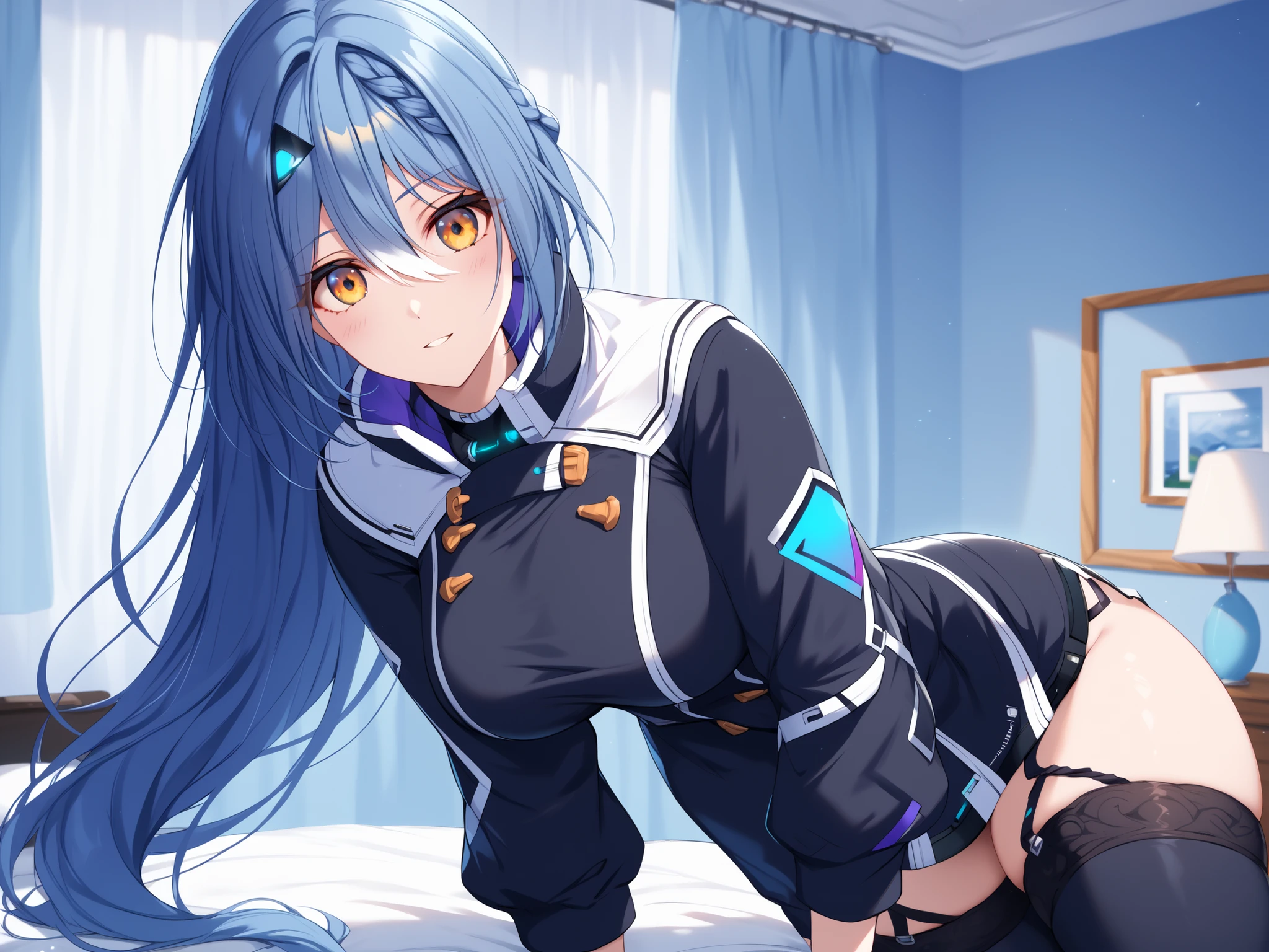 master piece、Best Quality,Super detailed,High resolution,Extremely detailed CG,Unity 8K Wallpaper,weat,score_9, score_8_up, score_7_up, score_6_up, score_5_up, score_4_up, Etra, blue hair, long hair, yellow eyes, white streaked hair, braid, hairclip,Vt_2nd,short dress, black dress, long sleeves, garter straps, thigh boots, black footwear, high collar, ,, mature female,thick thighs,wide hips,bed room,large breasts,curvy figure,,thigh focus,