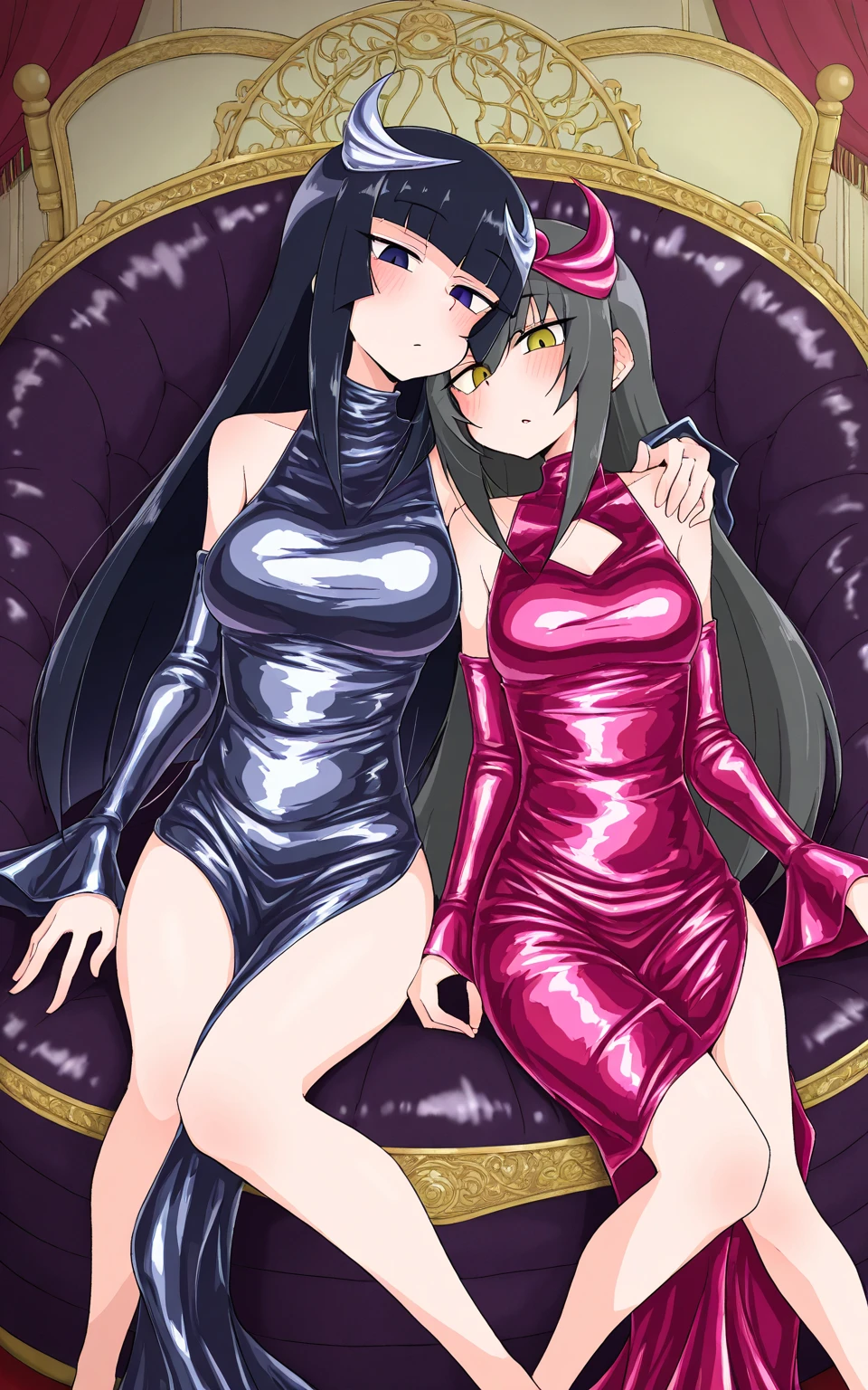Woman with black hair, reclining on a plush velvet sofa in a luxuriously appointed bedroom, donning a sleek, full-body latex suit of enamel-like shimmer. Her body, meticulously covered in the smooth, glossy material, emits an overwhelming allure. One hand is splayed across her lap, while the other rested casually on the sofa, conveying an embarrassed expression. Three figures, connected intimately, are engaged in a suggestive act, their hands exploring each other's crotches in a provocative overture. The scene is masterfully captured in ultra-high resolution, offering breathtaking detail, film grain, and a unique