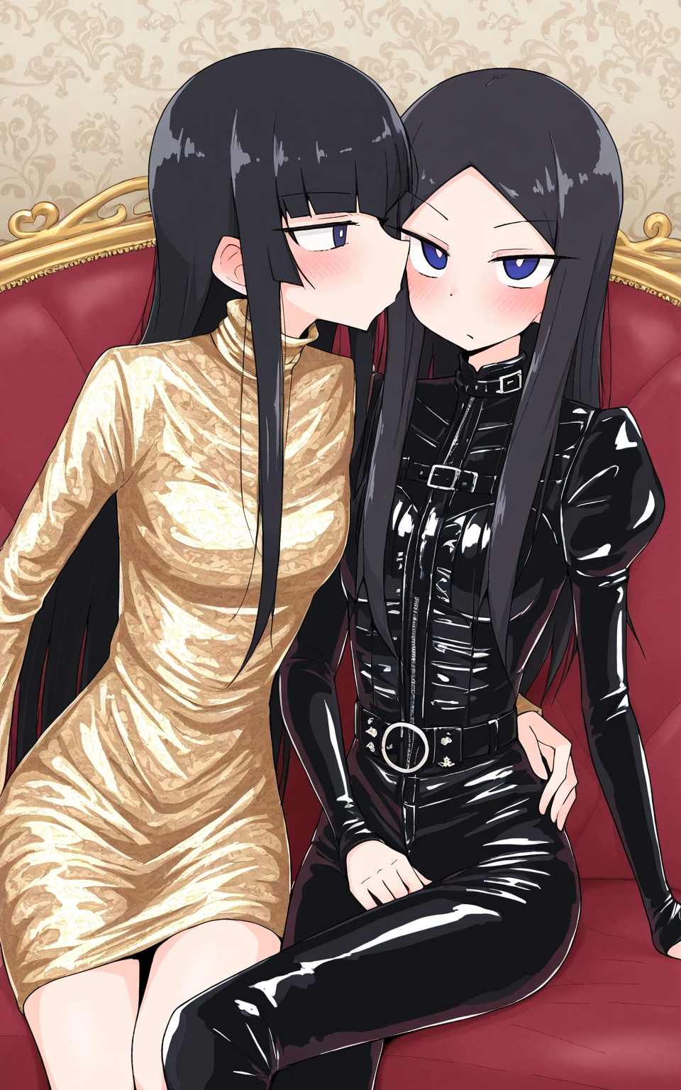 Woman with black hair, reclining on a plush velvet sofa in a luxuriously appointed bedroom, donning a sleek, full-body latex suit of enamel-like shimmer. Her body, meticulously covered in the smooth, glossy material, emits an overwhelming allure. One hand is splayed across her lap, while the other rested casually on the sofa, conveying an embarrassed expression. Three figures, connected intimately, are engaged in a suggestive act, their hands exploring each other's crotches in a provocative overture. The scene is masterfully captured in ultra-high resolution, offering breathtaking detail, film grain, and a unique