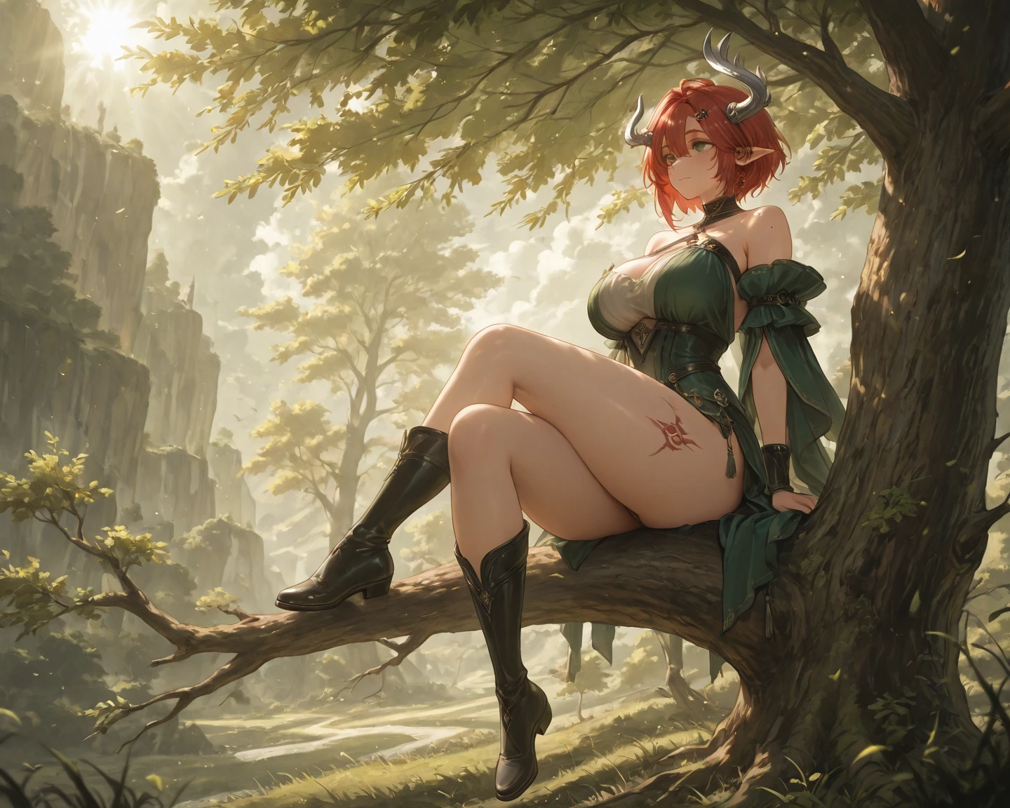score_9, score_8_up, score_7_up, BREAK cowboy shot,MaleniaDef, helmet, covered eyes,MaleniaDef, covered eyes, single mechanical arm, prosthesis, naked, nipples, full body shot, barefoot, majestically sitting on a tree trunk, in a cave with overgrown trees and vines,