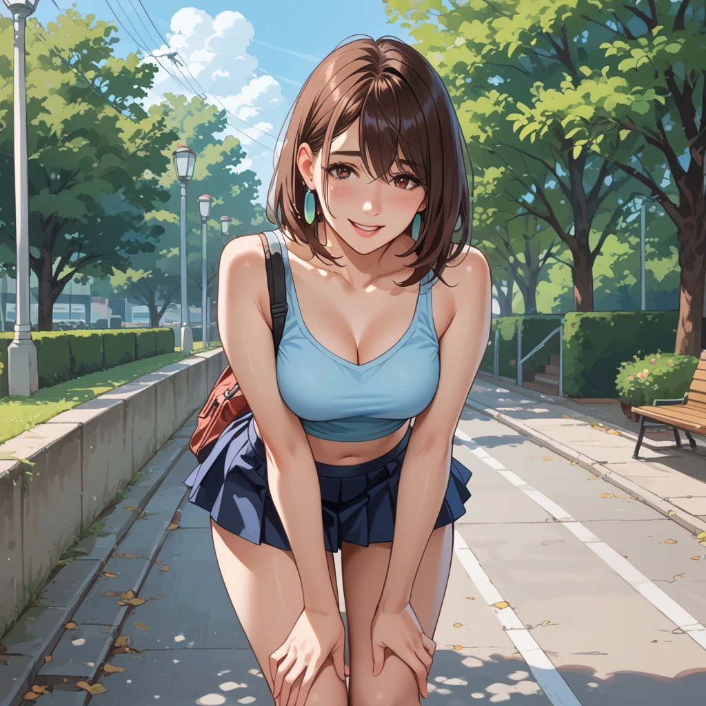 nsfw,masterpiece, extra limbs, 1girl,8years old, black straight hair, tareme brown eyes, (((delighted))), (white sundress strap slip),sneakers,squatting,open legs,arms behind head, playground equipment,pov