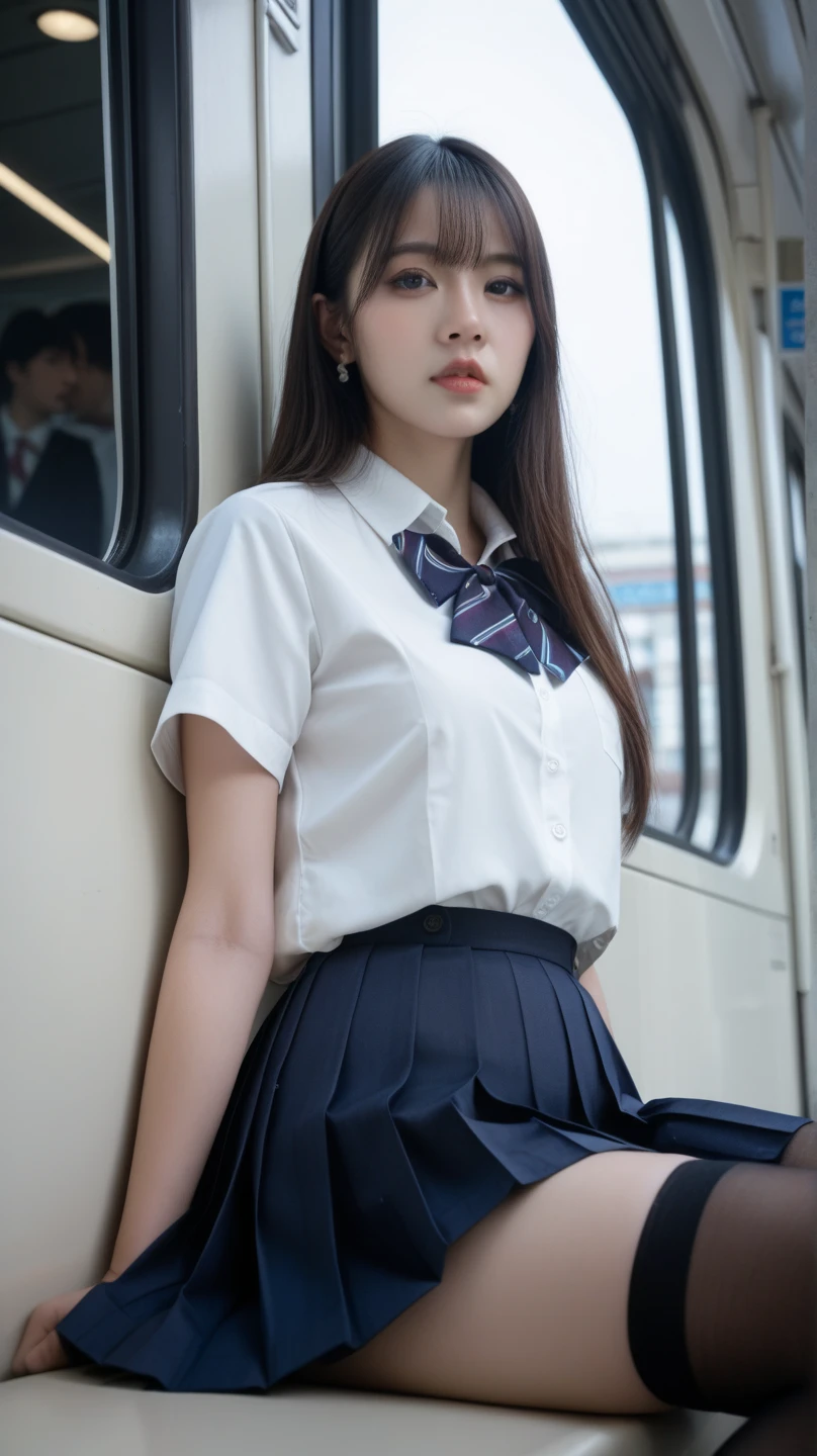 (masterpiece, highest quality:1.2), 8k, 15 years, 85mm, official art, RAW photo, スーパースリムなスレンダーbeautiful girl, (When I lift up my short navy blue skirt、full nude下Half body, I can see your crotch.:1.8)、short sleeveの白シャツ、show me your ears、naked girl photoshoot、full nude, cute face, close, Half body, Biolace, gardenia, beautiful girl, school uniform, Bind your neck with a rope, thighs, short sleeve, stand by the train window, looking at the viewer, no makeup, (smile:0.4), film grain, chromatic aberration, sharp focus, face light, clear lighting, Ten generations, detailed face, background bokeh, (dark red tie:1.1)、((((((two girls))))))、((((((2人のfull nude女子高生)))))