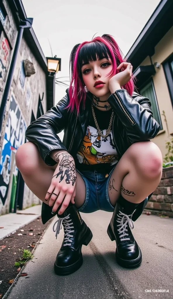 masterpiece, best quality, ultra-detailed, cinematic lighting, dynamic composition, extreme low-angle shot, wide-angle lens effect, ground-level camera, girl squatting, one hand on knee, looking down at the camera, character filling the frame, well-proportioned body, punk style, 90s punk fashion, short-sleeve T-shirt, leather jacket, damaged denim shorts, thick-soled lace-up punk boots, focus on the boots, sole facing the camera, high detail on boots, sharp focus, depth of field, soft shadows, vibrant tones --neg ng_deepnegative, EasyNegative, badhandv4, deformed feet, broken boots, blurry, bad anatomy, bad perspective, oversaturated, missing fingers, extra fingers, low quality, worst quality, distorted limbs, body too small, background too large, off-focus
