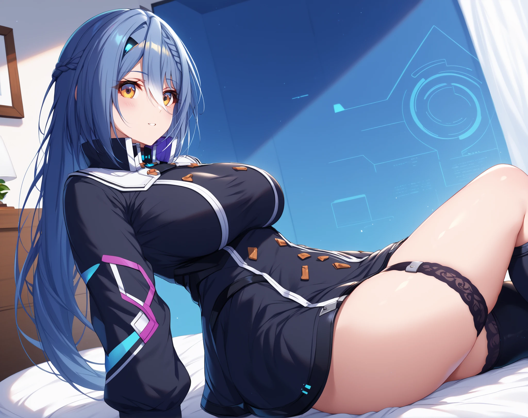 master piece、Best Quality,Super detailed,High resolution,Extremely detailed CG,Unity 8K Wallpaper,weat,score_9, score_8_up, score_7_up, score_6_up, score_5_up, score_4_up, Etra, blue hair, long hair, yellow eyes, white streaked hair, braid, hairclip,Vt_2nd,short dress, black dress, long sleeves, garter straps, thigh boots, black footwear, high collar, ,, mature female,thick thighs,wide hips,bed room,large breasts,curvy figure,,thigh focus,