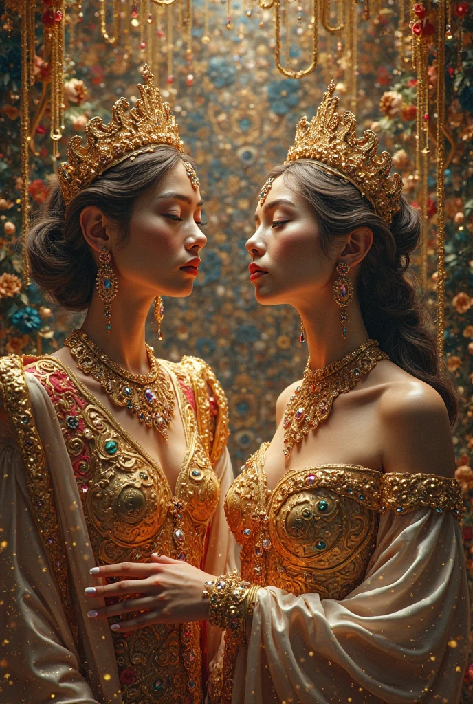 A stylish and elegant young woman from privileged society, her refined features exude sophistication and grace. This exquisite portrait, possibly a beautifully crafted oil painting, showcases her in a flowing gown of luxurious silk, adorned with intricate lace and delicate embroidery. Every meticulous brushstroke captures the essence of opulence, from the shimmering jewels adorning her neck to the intricate updo that perfectly frames her face. The image radiates an aura of wealth and stature, transporting viewers into the glamorous world of high society. (2girls, soulmate, eye contact, cheek to cheek, kiss:1.2)