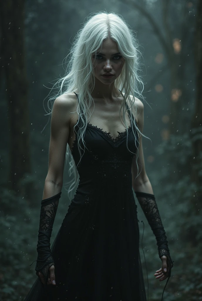A young woman made of pale skin shadows, with long white hair , Seductive body dressed in black